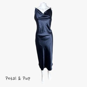 NWT Petal & Pup Women's Satin Sheer Dress in Navy Size 6 Glam Party Bodycon